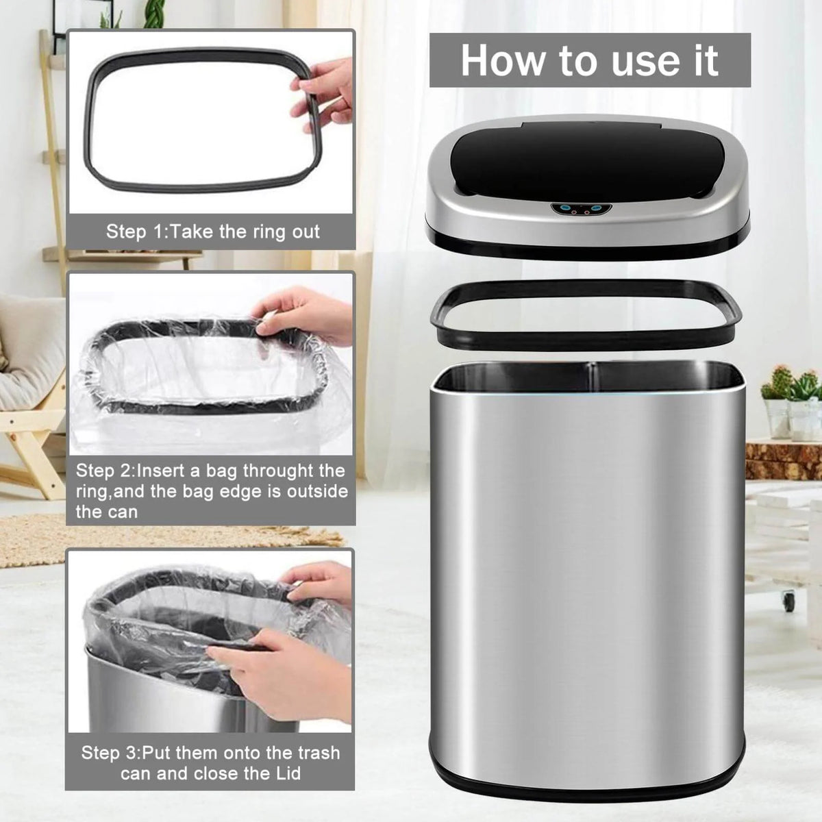 13 Gallon Automatic Stainless Steel Trash Can with Lid U689
