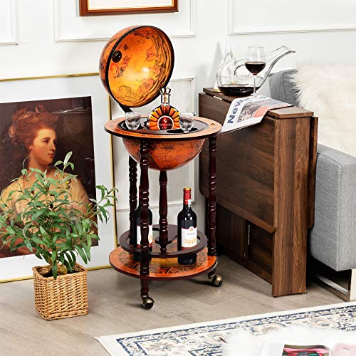 Cream White Wood Globe Bar Cart with Wheels N949