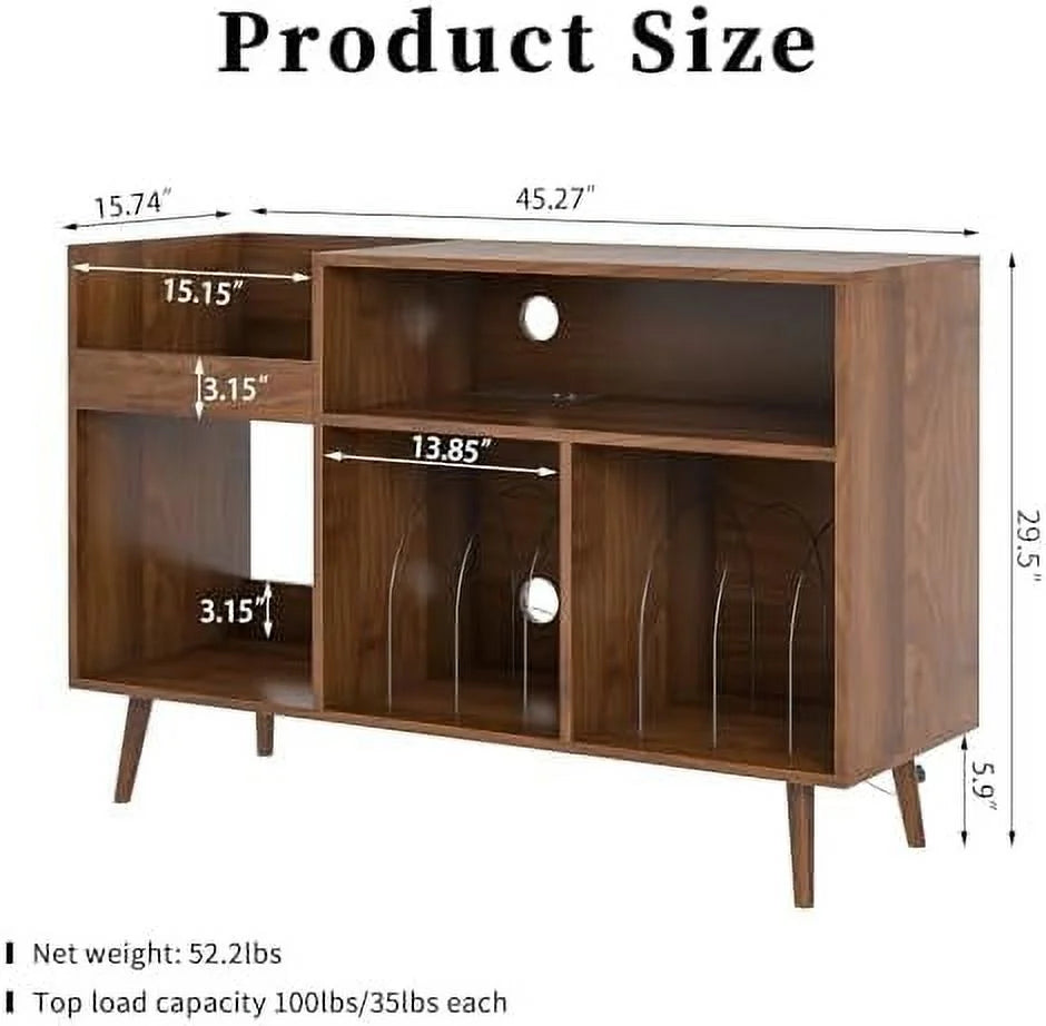 Mid-Century Record Player Stand with Vinyl Record Cabinet and Power Outlet O21183