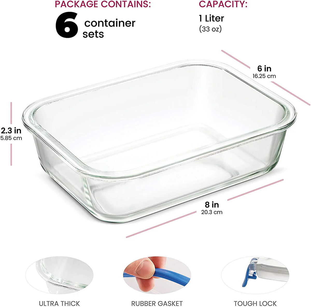 6 Pack 35oz Airtight Glass Meal Prep Containers with Locking Lids B102