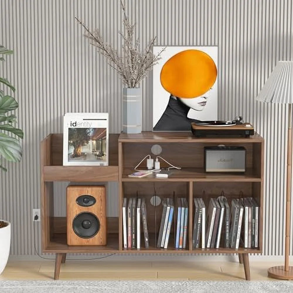 Mid-Century Record Player Stand with Vinyl Record Cabinet and Power Outlet O21183