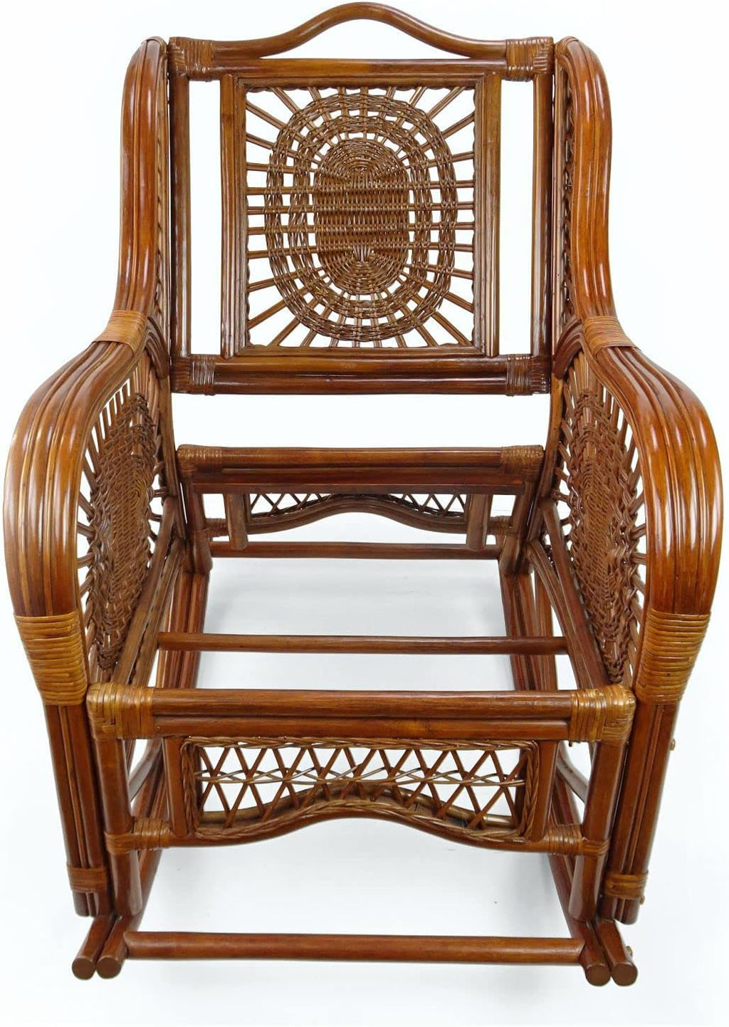 Natural Rattan Set of 2 Rocking Lounge Chairs with Light Brown Cushions and Round Coffee Table with Glass W138
