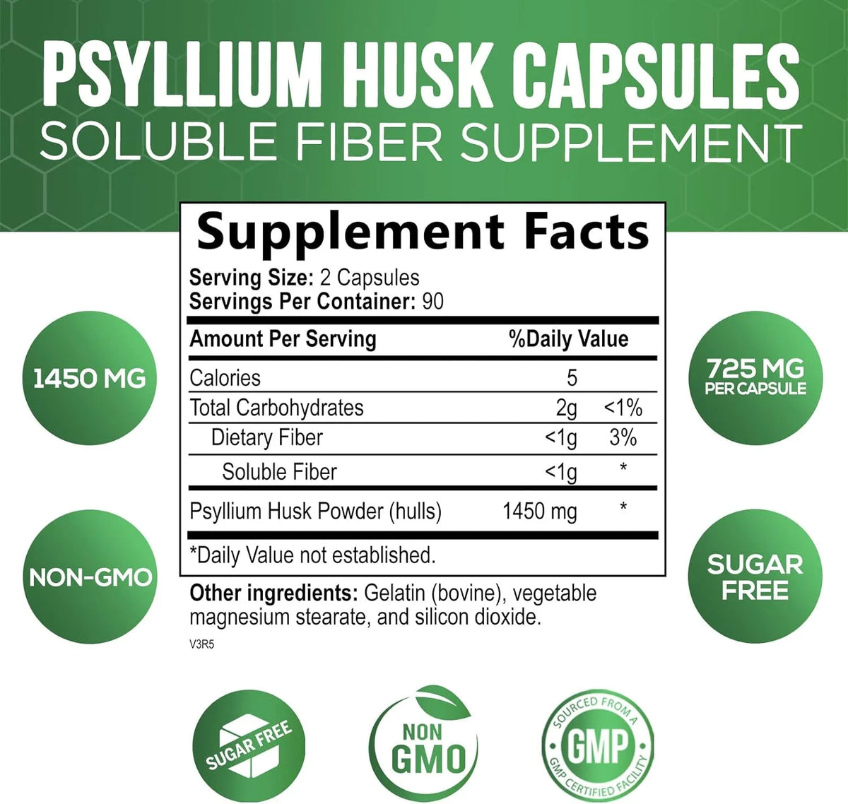 180 Capsules Psyllium Husk 1450mg Soluble Fiber Supplement M97384