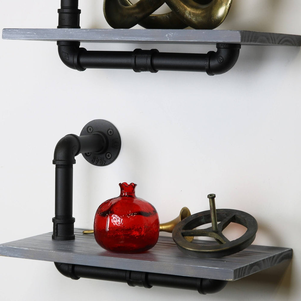 Weathered Wood and Black Pipe Wall Shelves Y996