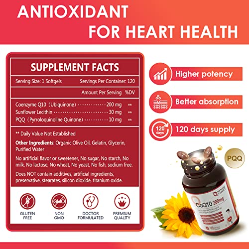 CoQ10 200mg Softgels with Organic Olive Oil, 120 Servings K180