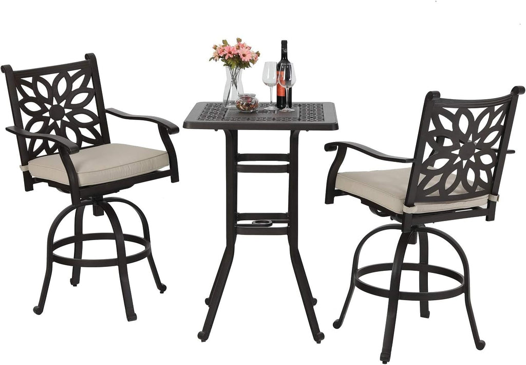 3 Pieces Cast Aluminum Bar Set with 2 Swivel Bar Height Chairs and 1 Square Table U267