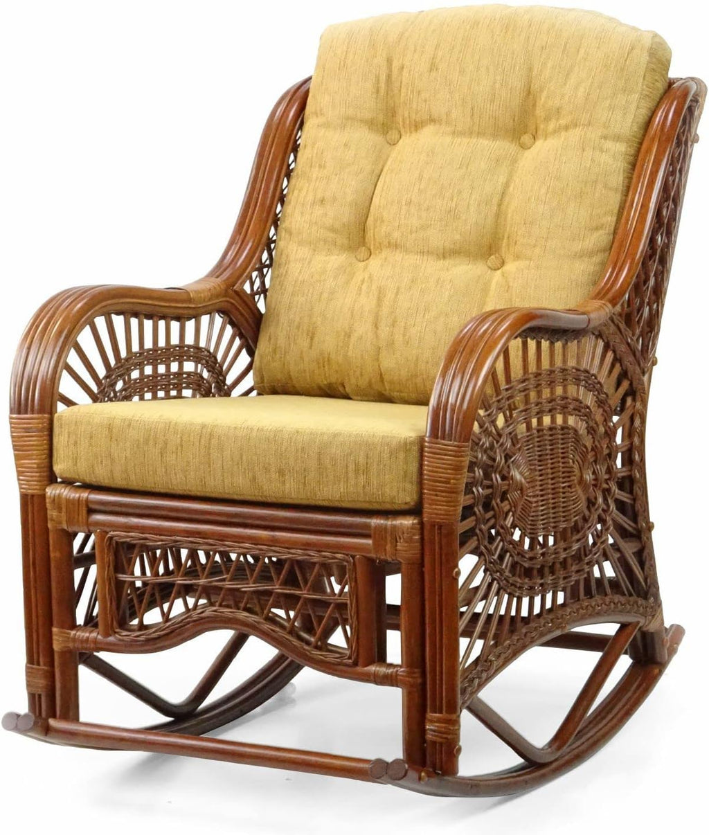 Natural Rattan Set of 2 Rocking Lounge Chairs with Light Brown Cushions and Round Coffee Table with Glass W138