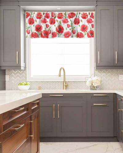 Watercolor Red Poppy Flower White Short Kitchen Curtains 54x18IN H1692