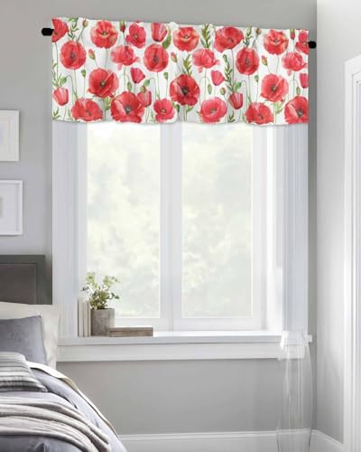 Watercolor Red Poppy Flower White Short Kitchen Curtains 54x18IN H1692