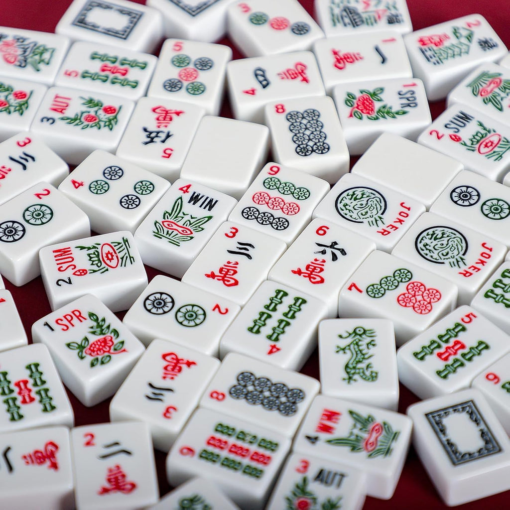 166 White Tiles Mahjong Set with Green Bag and Rack Pushers N861