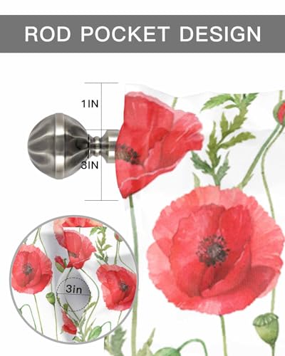 Watercolor Red Poppy Flower White Short Kitchen Curtains 54x18IN H1692