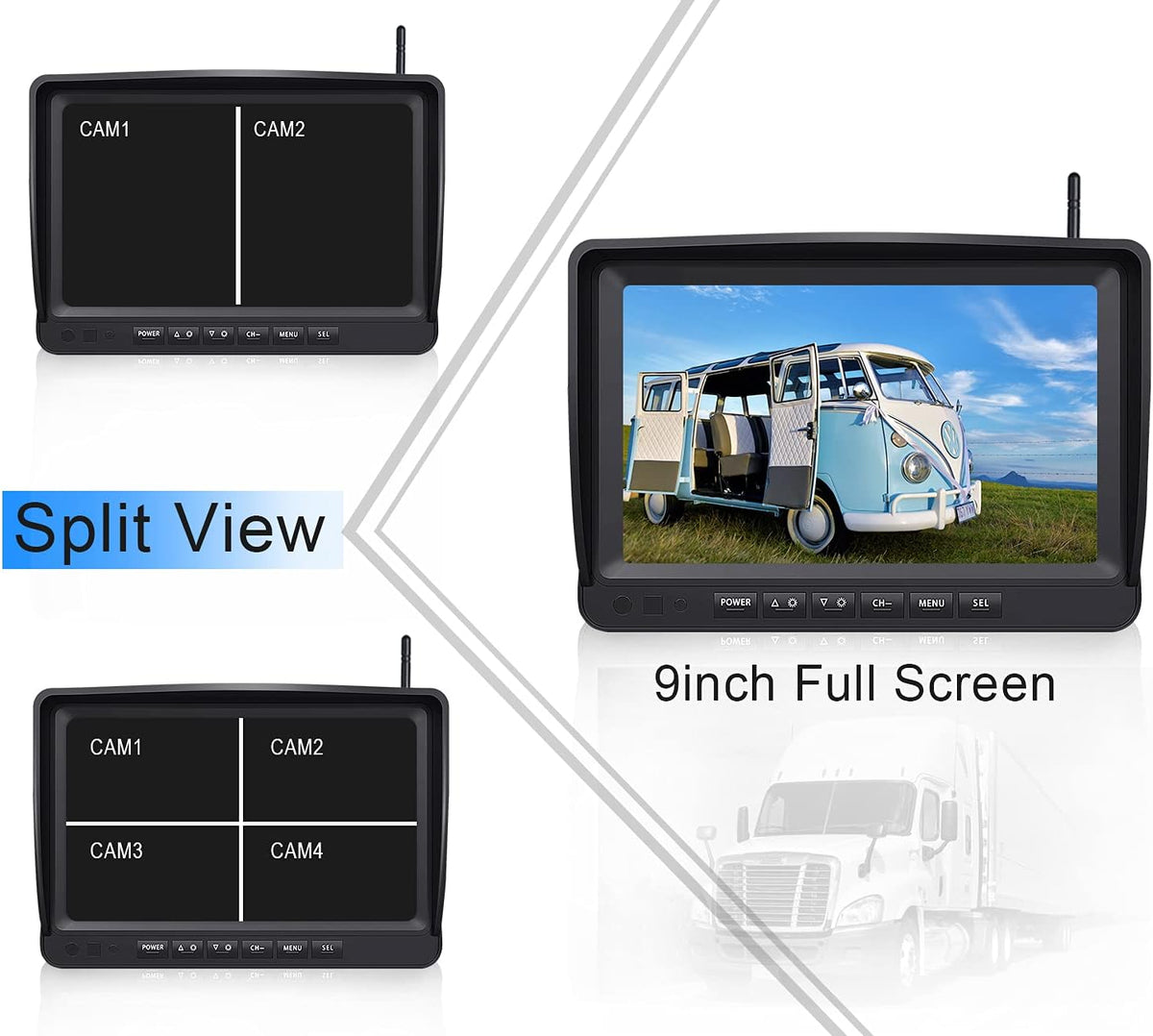 9 Inch Wireless Backup Camera System with DVR Quad Split Monitor Y783