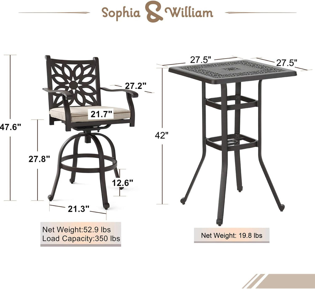 3 Pieces Cast Aluminum Bar Set with 2 Swivel Bar Height Chairs and 1 Square Table U267