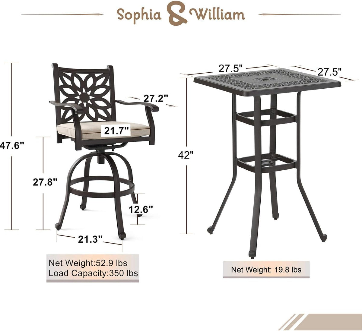 3 Pieces Cast Aluminum Bar Set with 2 Swivel Bar Height Chairs and 1 Square Table U267