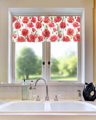 Watercolor Red Poppy Flower White Short Kitchen Curtains 54x18IN H1692