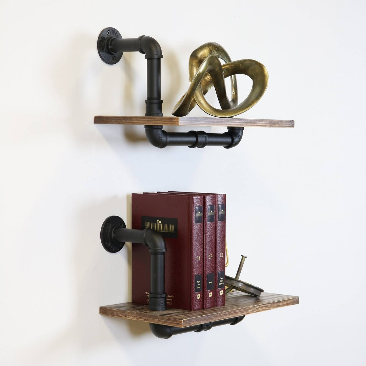 Weathered Wood and Black Pipe Wall Shelves Y996