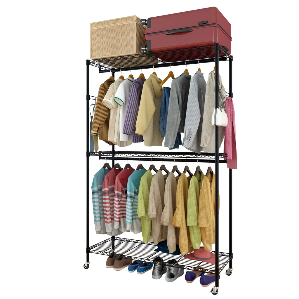 Portable Double Rod Garment Rack with Adjustable Shelves & Wheels Black P822