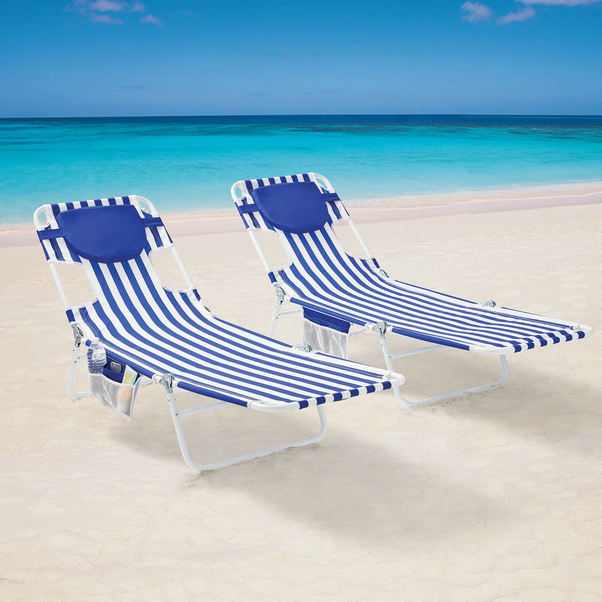 Blue & White Stripe Folding Beach Lounger 2-Pack Y71003