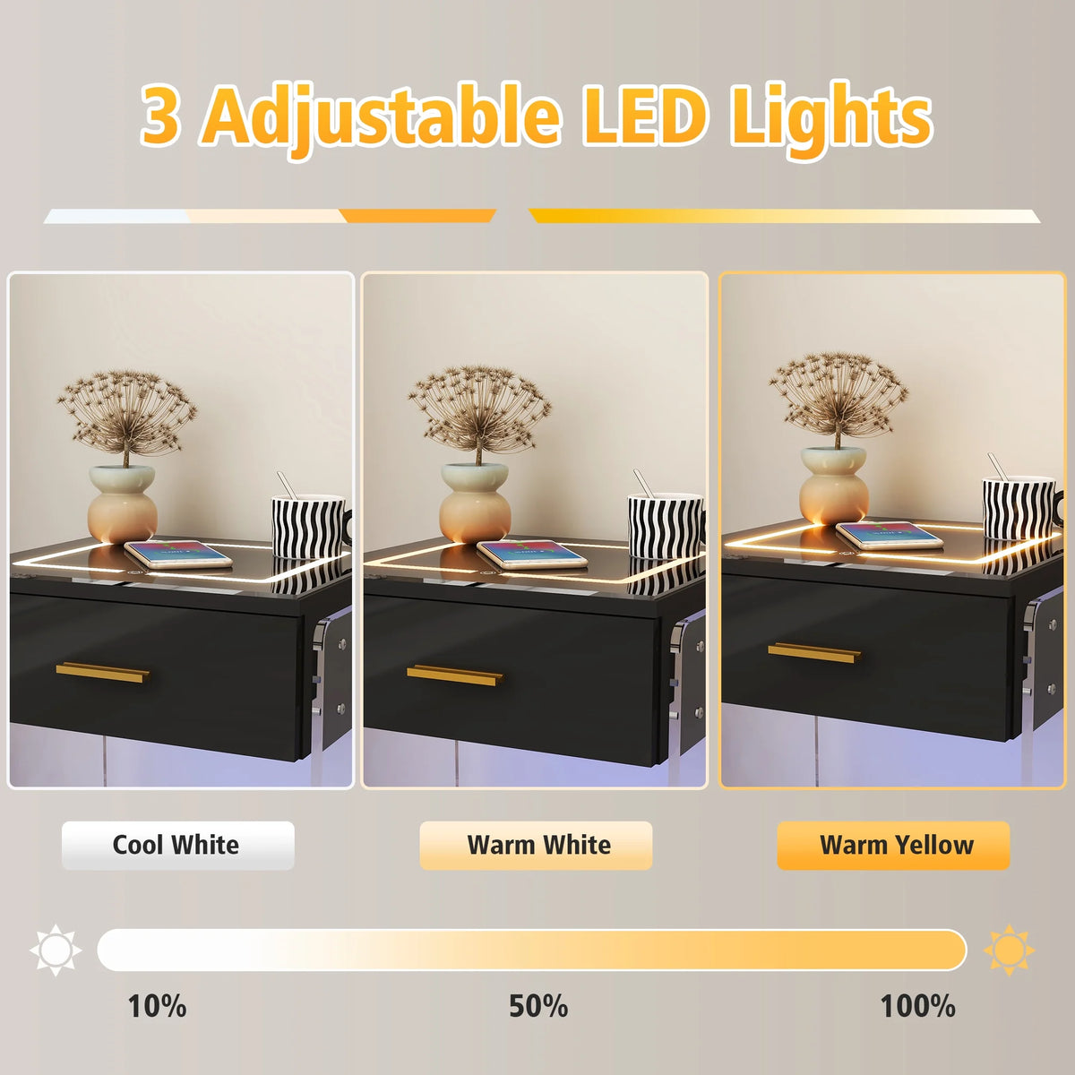 Black Nightstand with Wireless Charging Station and LED Lights X135315
