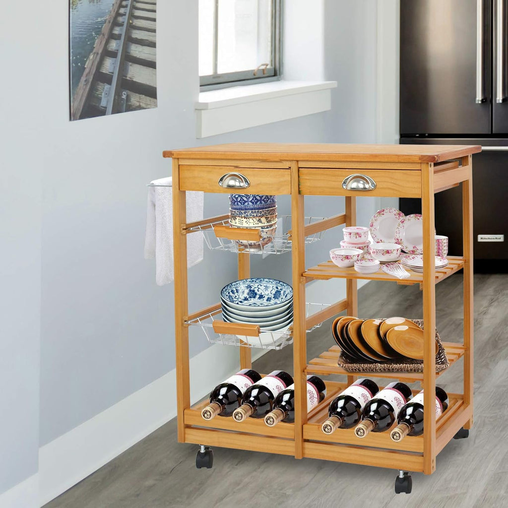 Wood Rolling Kitchen Island Storage Cart with Drawer Shelves Basket M4683