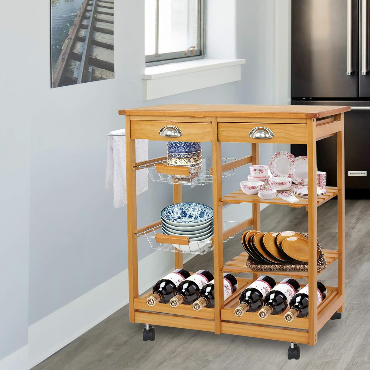 Wood Rolling Kitchen Island Storage Cart with Drawer Shelves Basket M4683