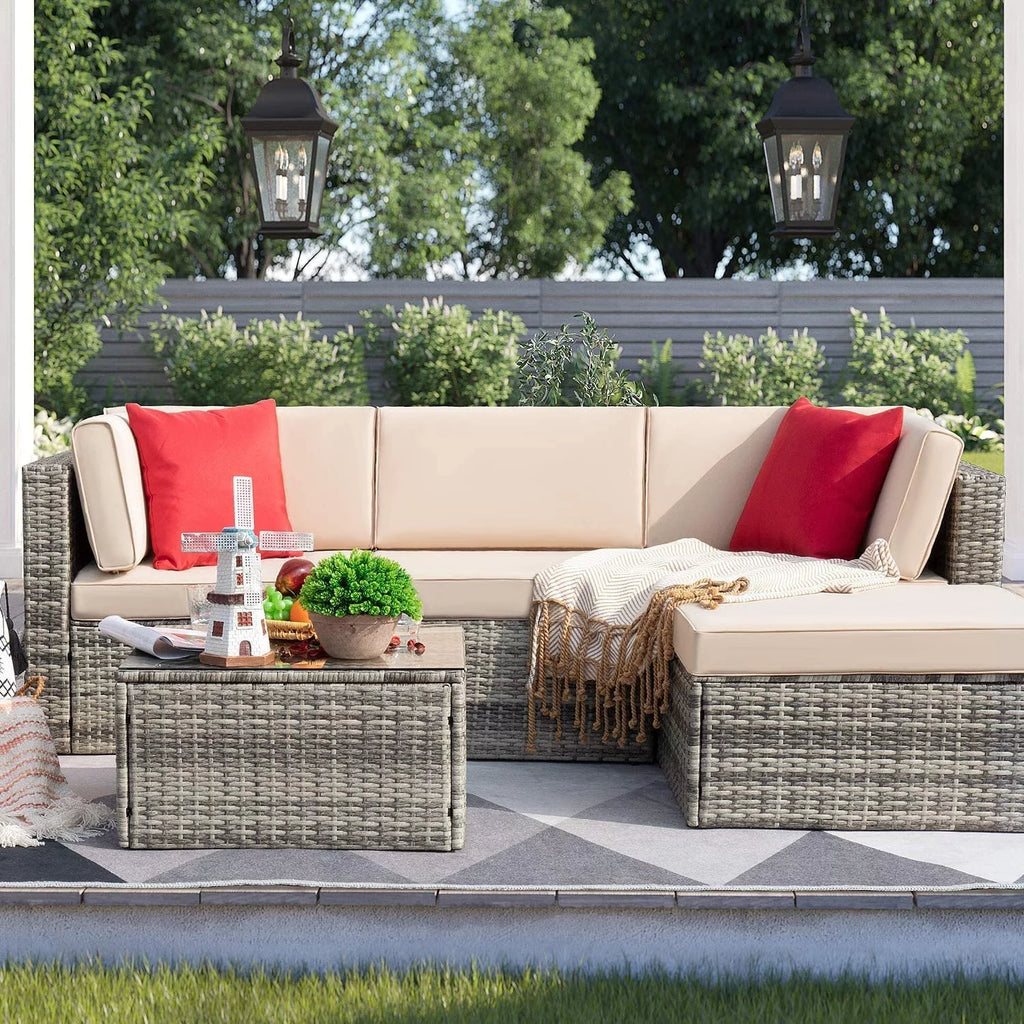 5 Pieces PE Rattan Patio Sectional Sofa Set with Glass Table Gray K843
