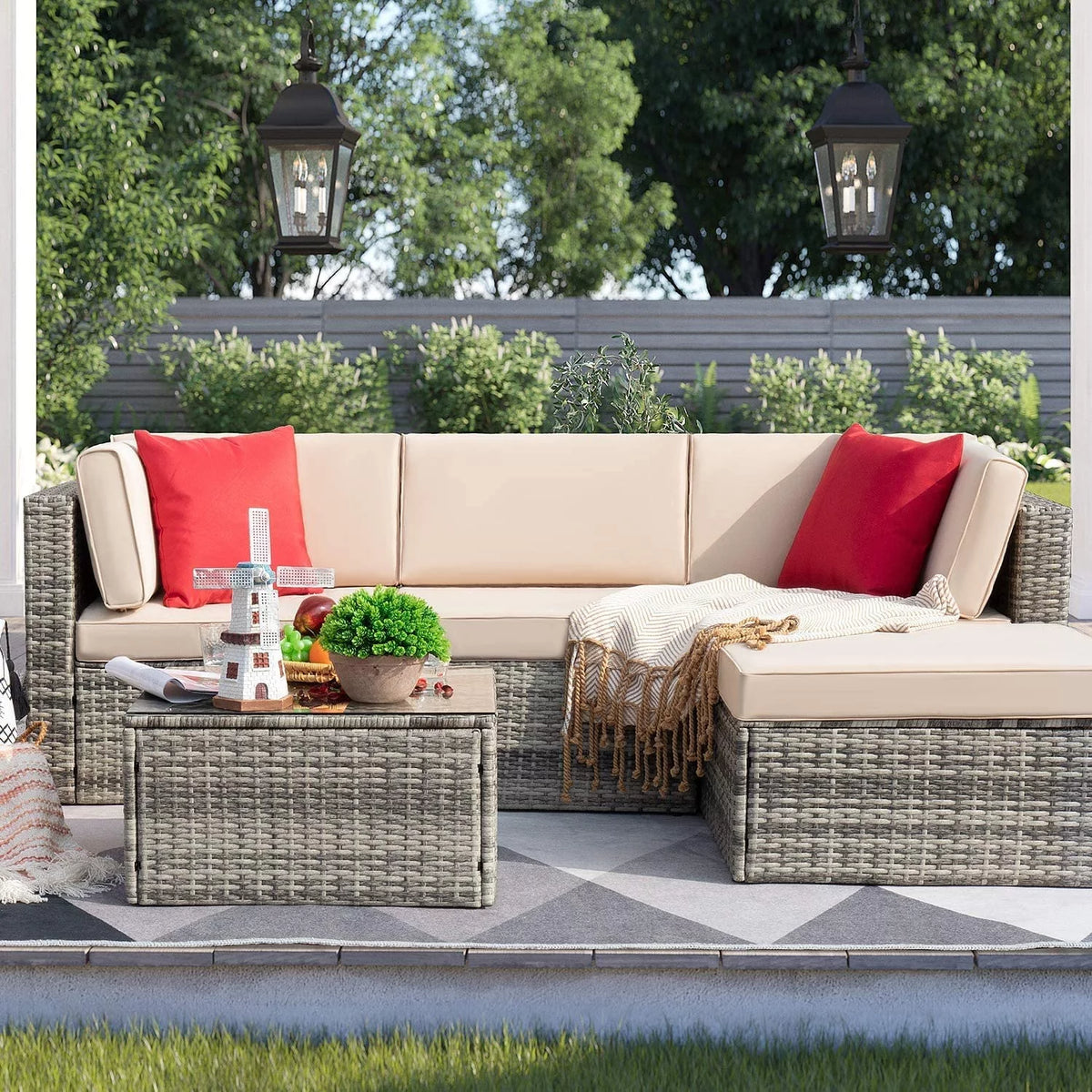 5 Pieces PE Rattan Patio Sectional Sofa Set with Glass Table Gray K843
