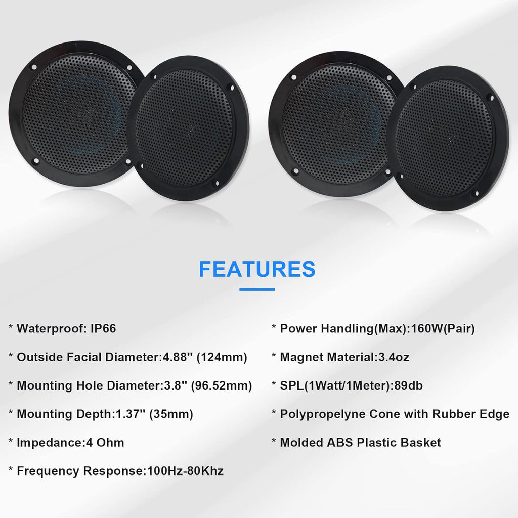 Marine Bluetooth Receiver AM FM Radio 4 inch Waterproof Speakers 2 Pairs Black Antenna D795