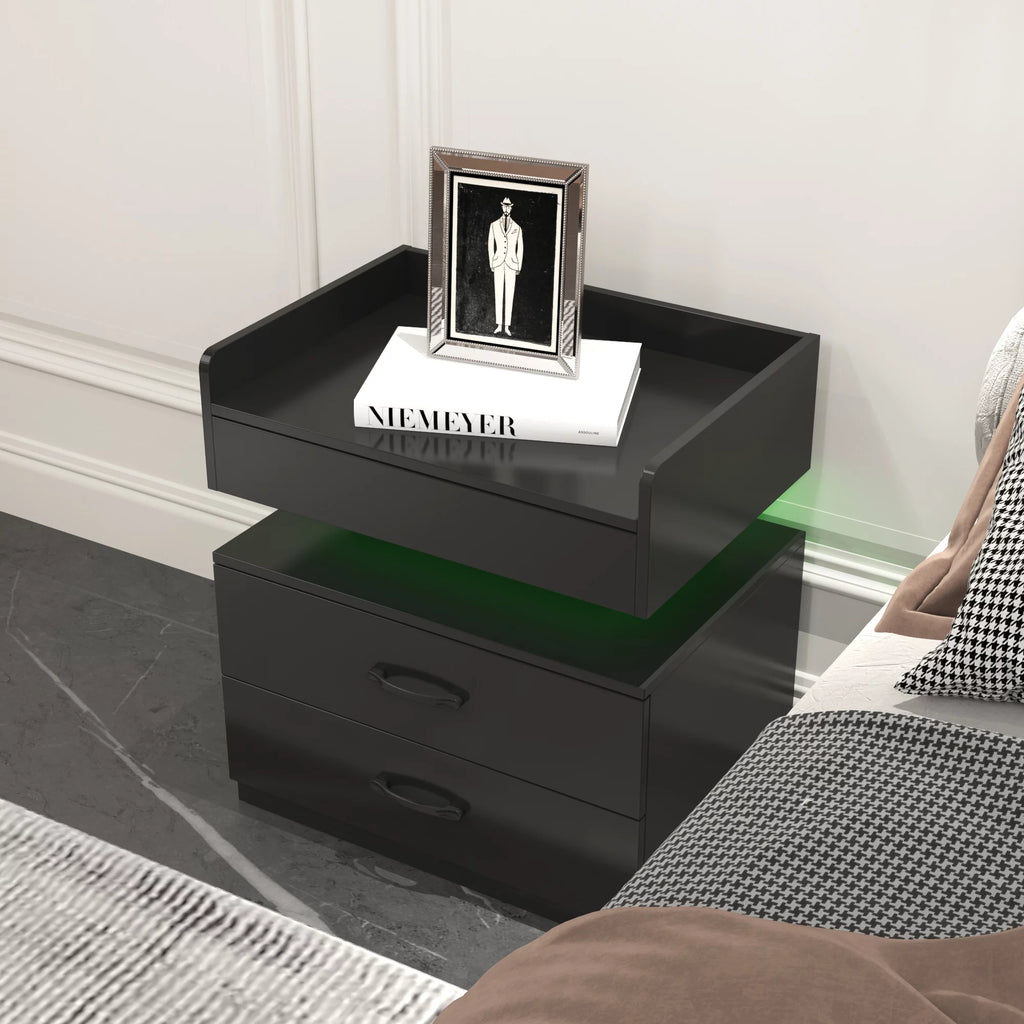 Black Wood Nightstand with Charging Station and 2 Drawers X908