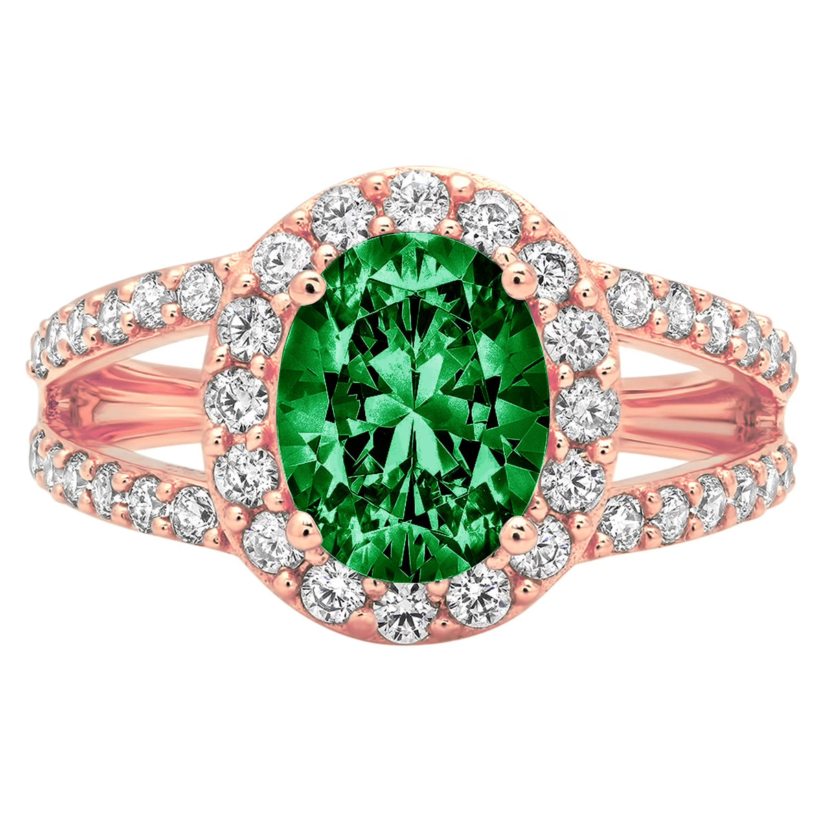 Oval Cut Green Simulated Emerald 18k Rose Gold Halo Ring A559540