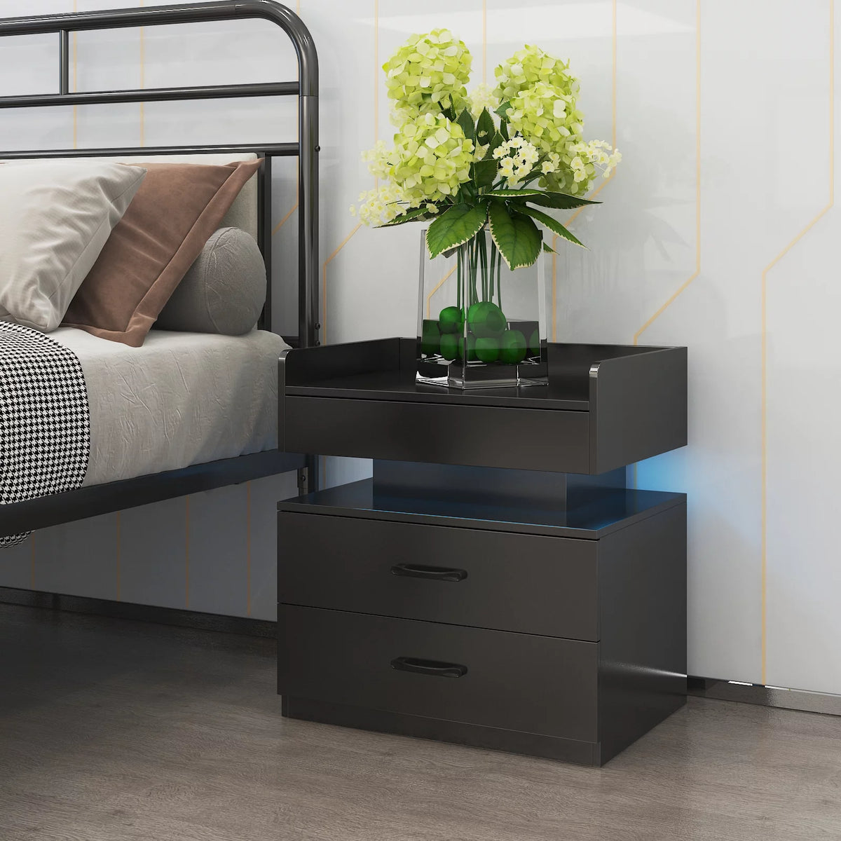 Black Wood Nightstand with Charging Station and 2 Drawers X908