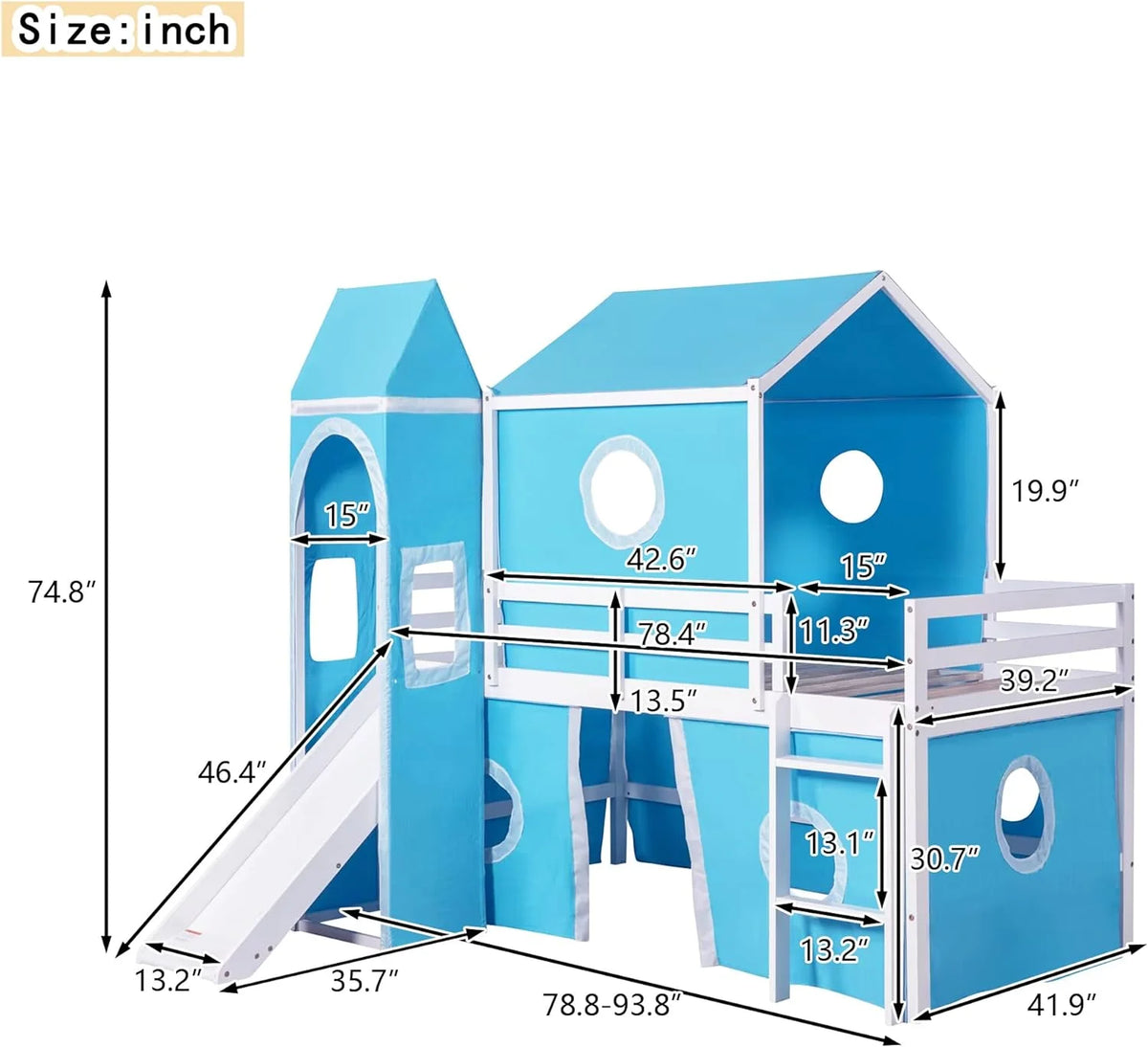 Blue Low Loft Bed with Slide and Curtains F245631
