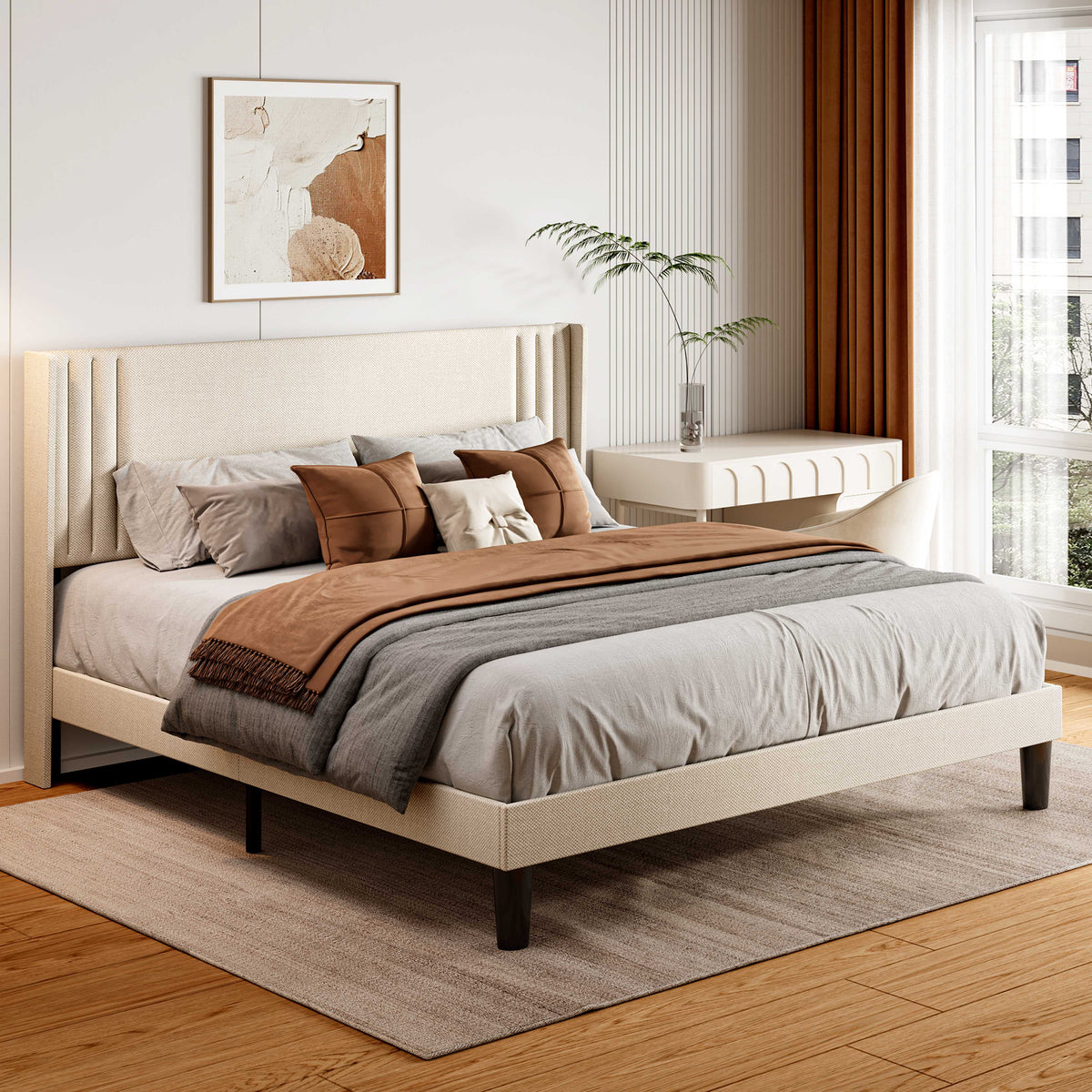 Queen Size Bed Frame with Wingback Headboard U25891