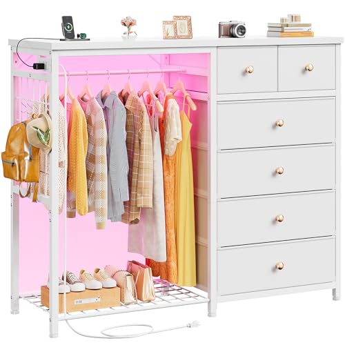 Black 6 Drawer Fabric Dresser with Hanging Rack H5430