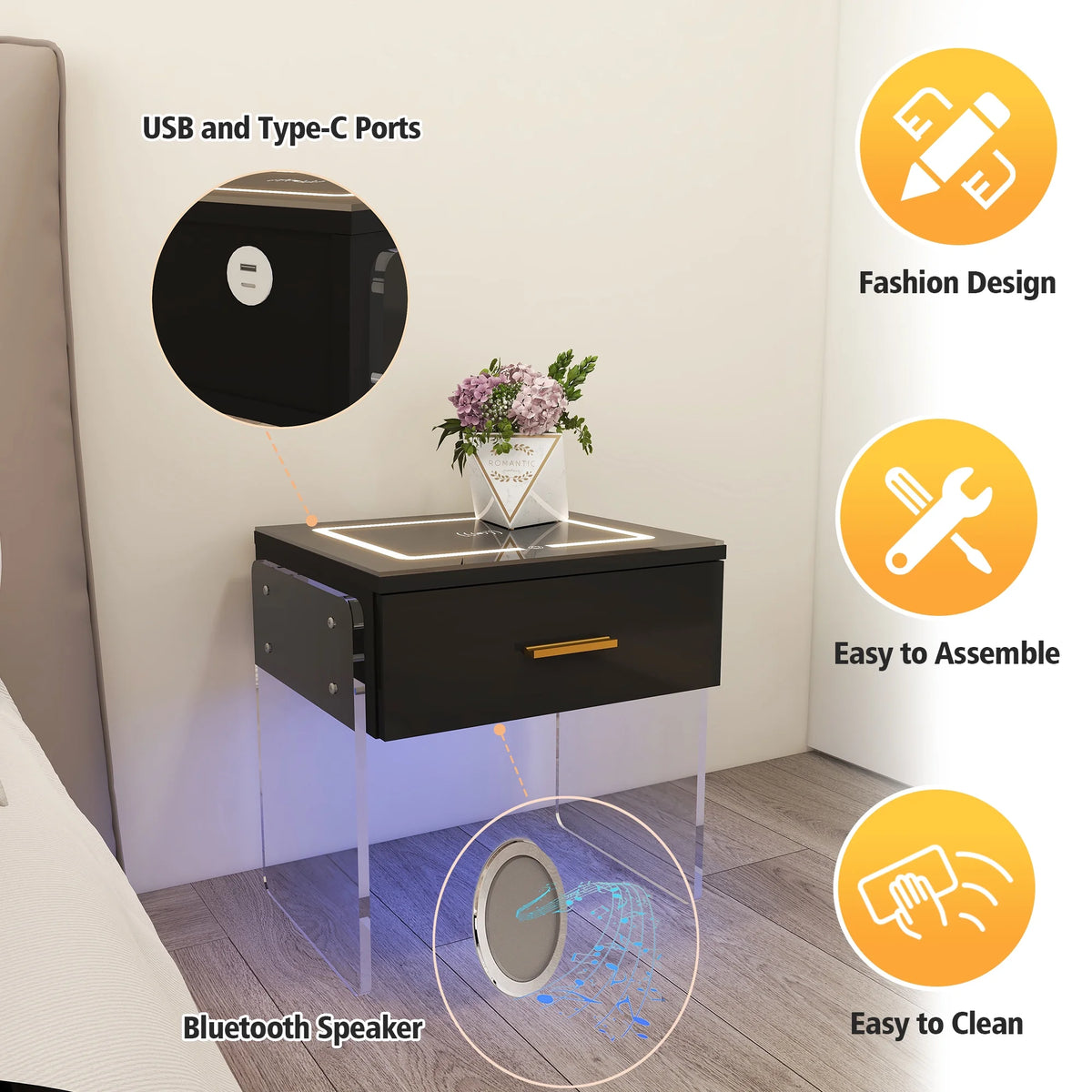 Black Nightstand with Wireless Charging Station and LED Lights X135315