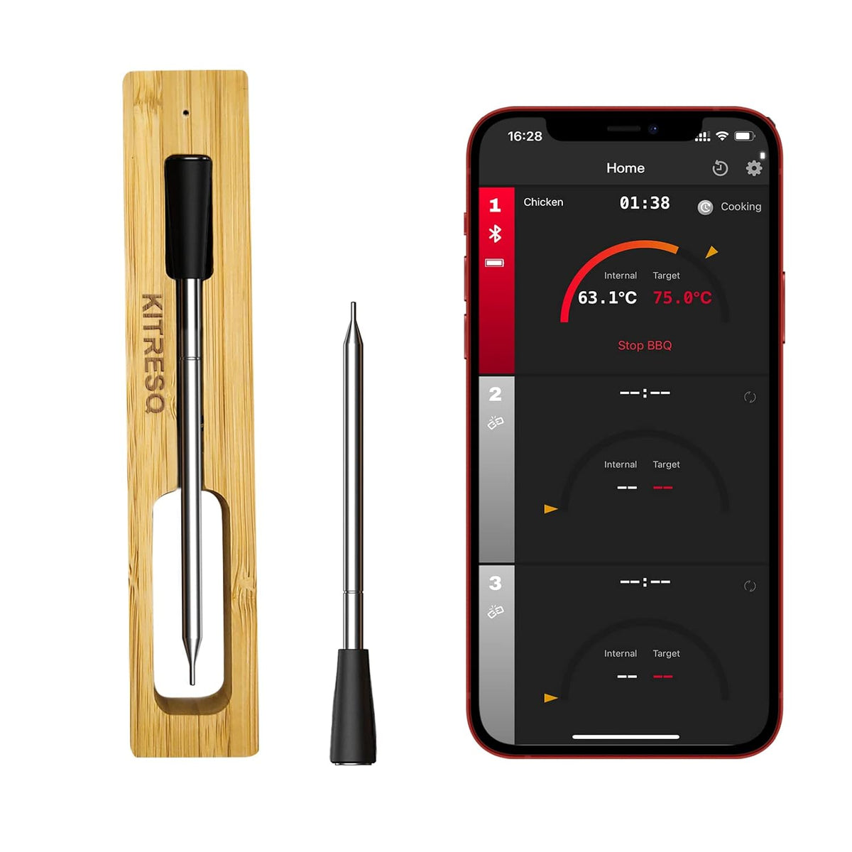 Wireless Meat Thermometer with Bluetooth, 165ft Range, Rechargeable, 1-Probe C490689