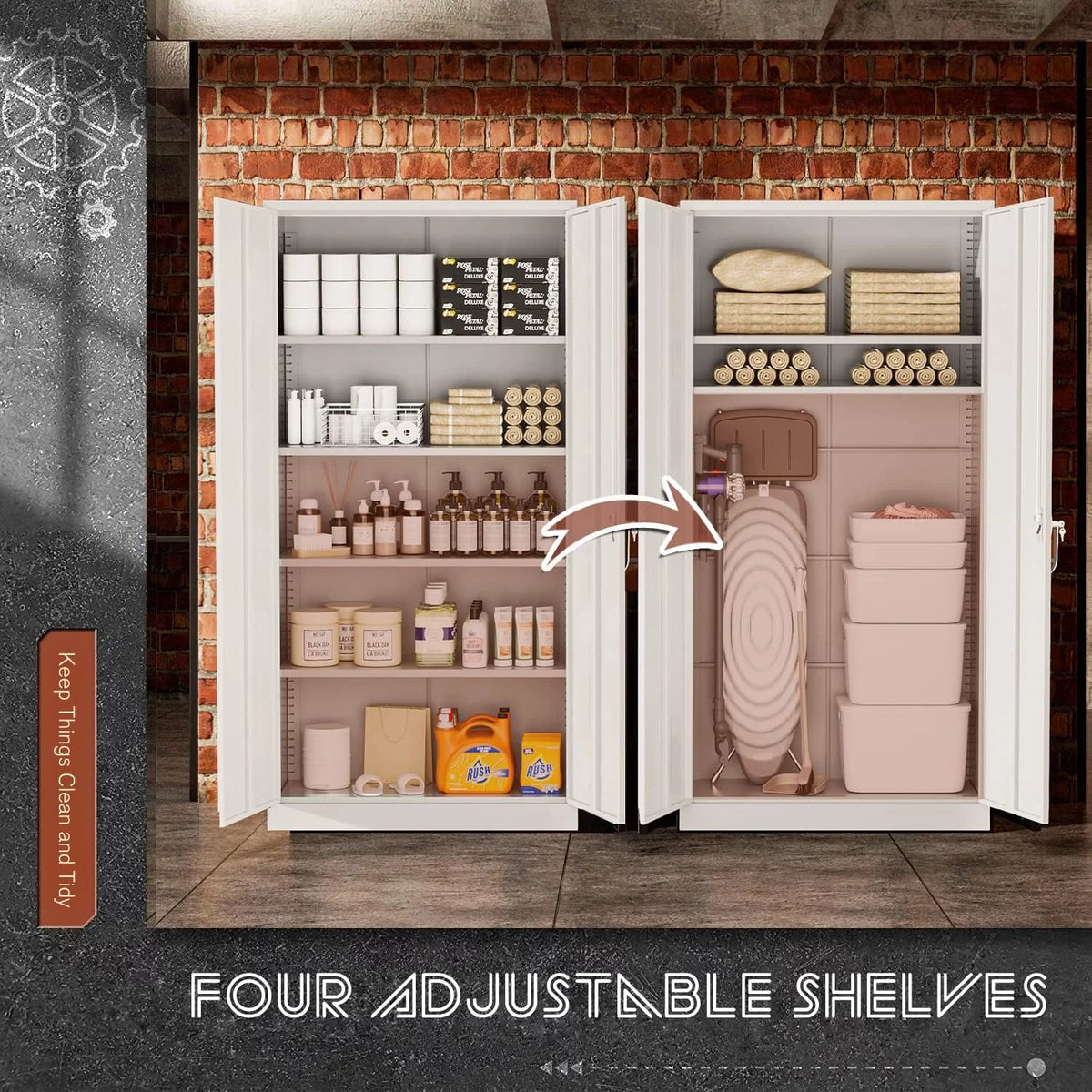 72 inch White Metal Storage Cabinet with Locking Doors and Adjustable Shelves E3459