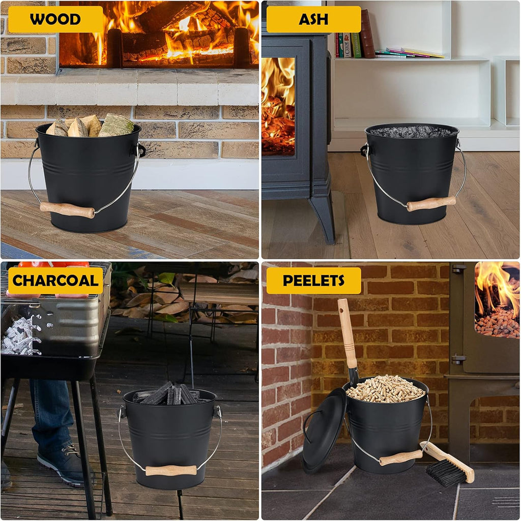 Mini Ash Bucket with Lid, 1.5-Gallon Pail with Shovel and Hand Broom, Metal Bucket Coal and Ash Carrier, Wood Pellet Storage Container, Tool set Accessories for Fireplace, Fire Pit, Wood Burning Stove Pack of 2 B928623