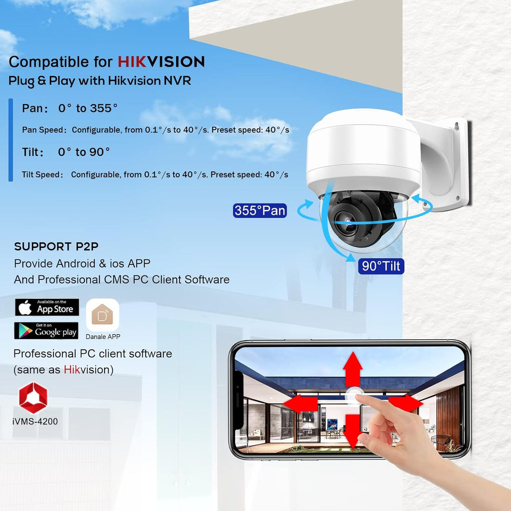 5MP PTZ PoE Dome IP Camera with Mic/Audio, 4X Optical Zoom, 164ft Night Vision, IP67 Waterproof H891