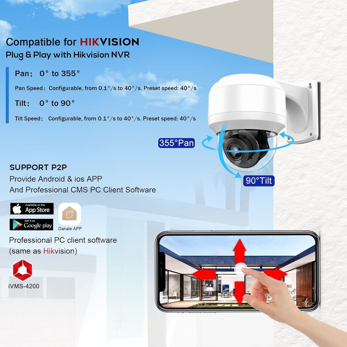 5MP PTZ PoE Dome IP Camera with Mic/Audio, 4X Optical Zoom, 164ft Night Vision, IP67 Waterproof H891