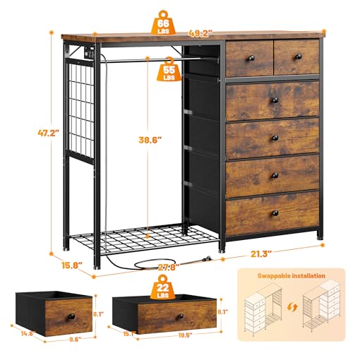 Black 6 Drawer Fabric Dresser with Hanging Rack H5430