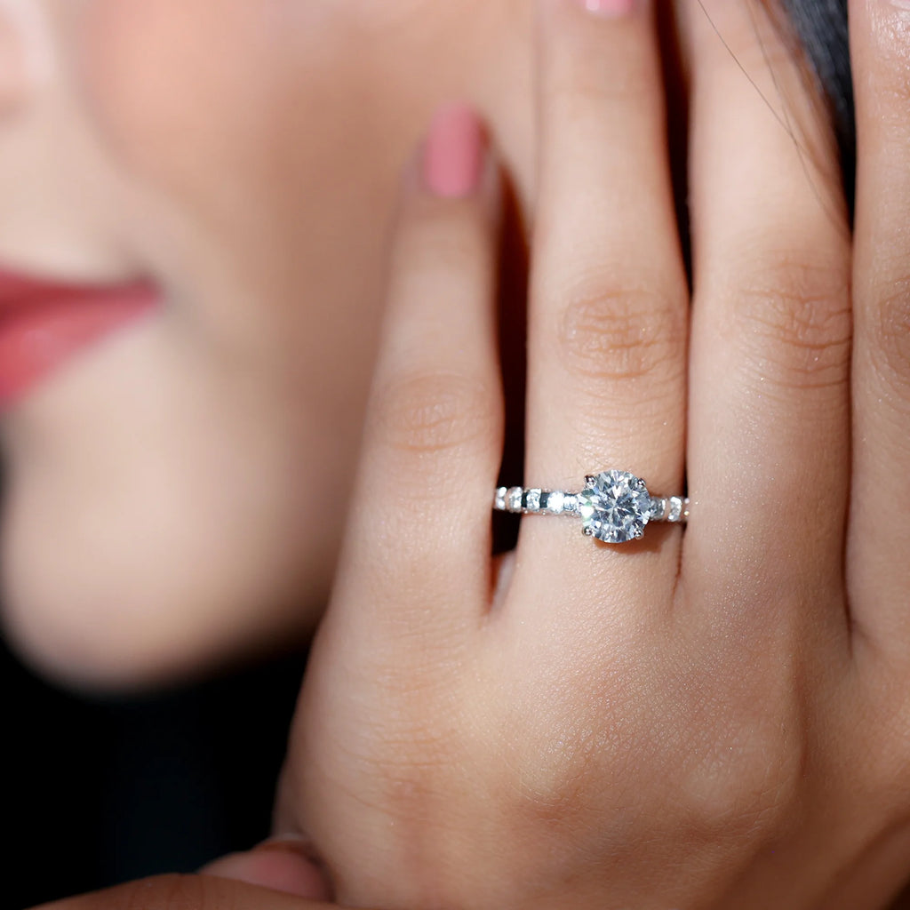 14K White Gold Moissanite Solitaire Engagement Ring with Side Stones N743