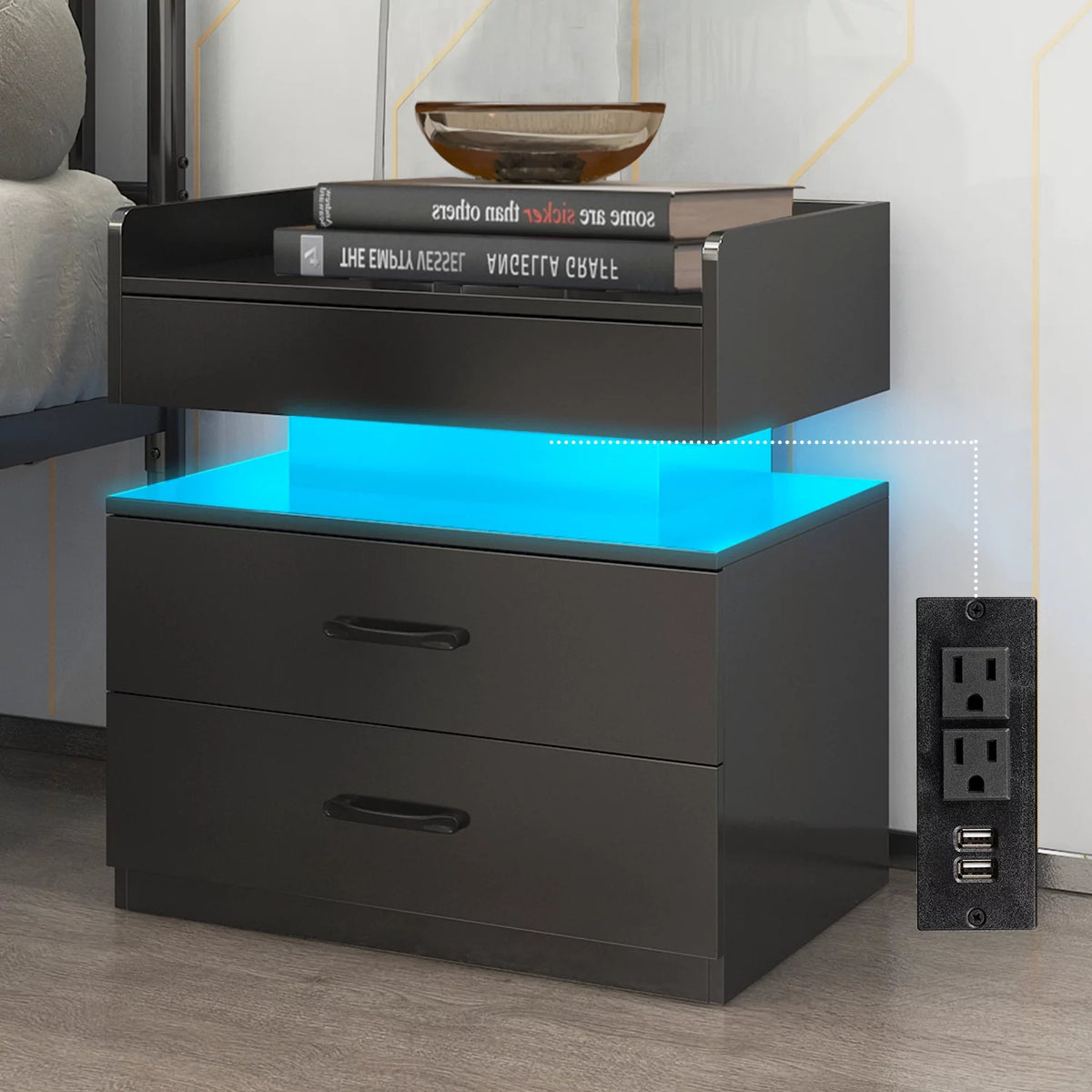 Black Wood Nightstand with Charging Station and 2 Drawers X908