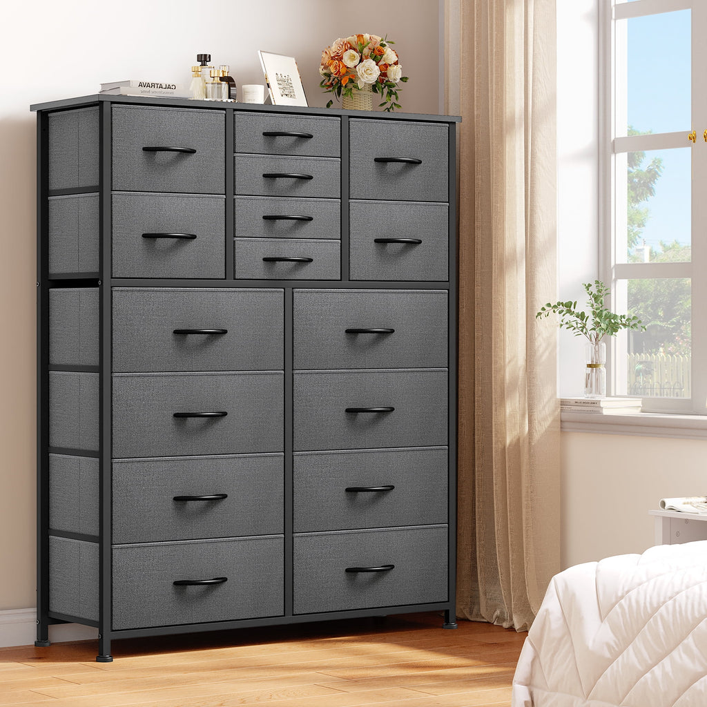 16 Drawer Fabric Dresser with Metal Frame and Wooden Top E549820
