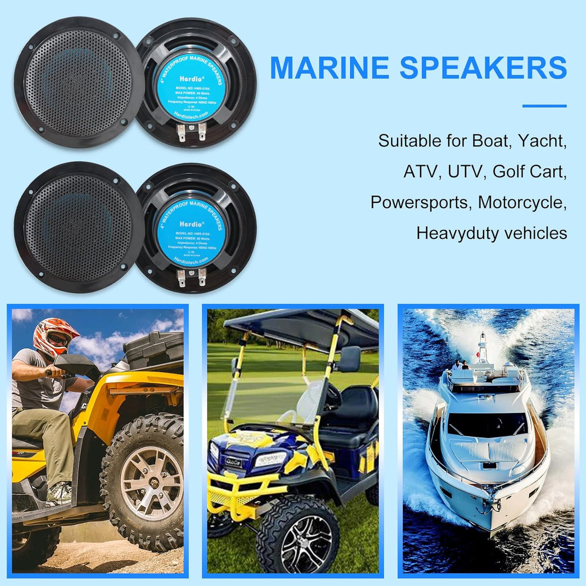 Marine Bluetooth Receiver AM FM Radio 4 inch Waterproof Speakers 2 Pairs Black Antenna D795
