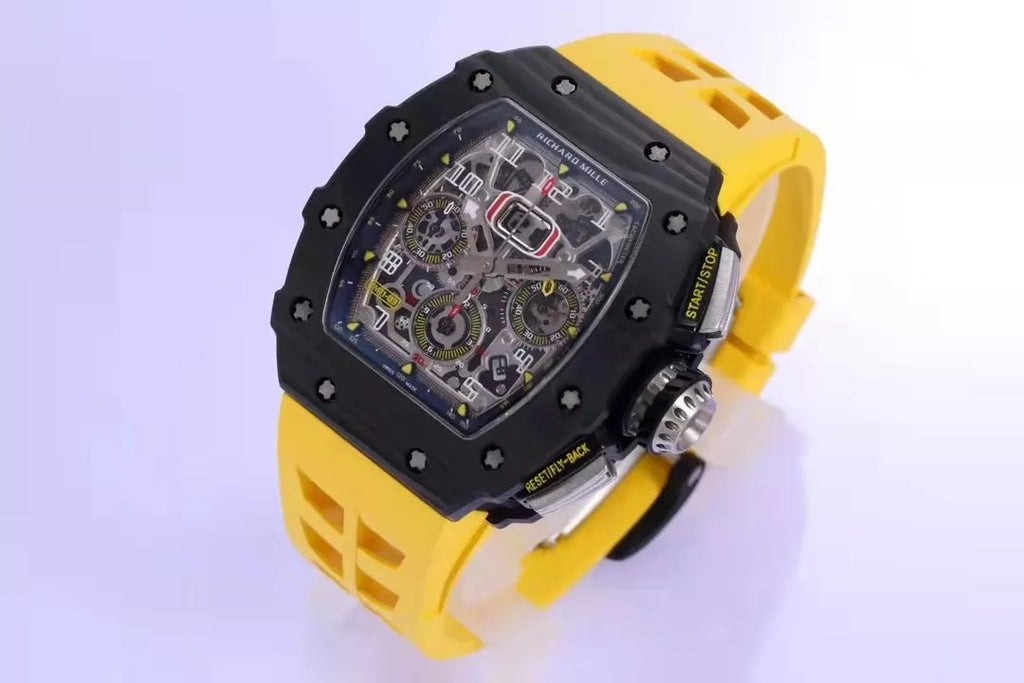 Skeleton Dial Black Bezel Yellow Rubber Strap F164965
