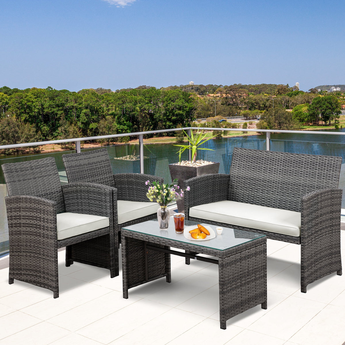 4 Piece Wicker Patio Furniture Set with Cushions D9075