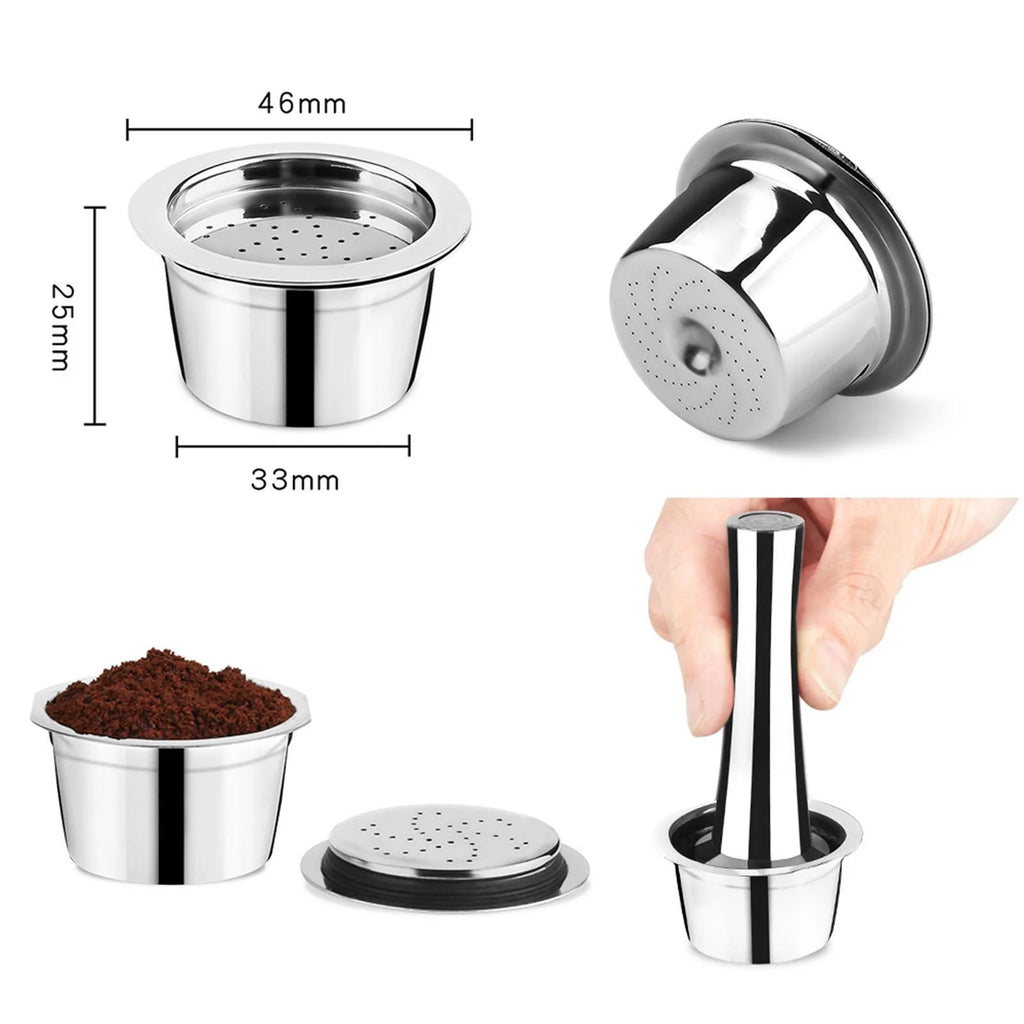 Stainless Steel Reusable Coffee Capsule with Spoon and Brush, 4Pcs Set P5254