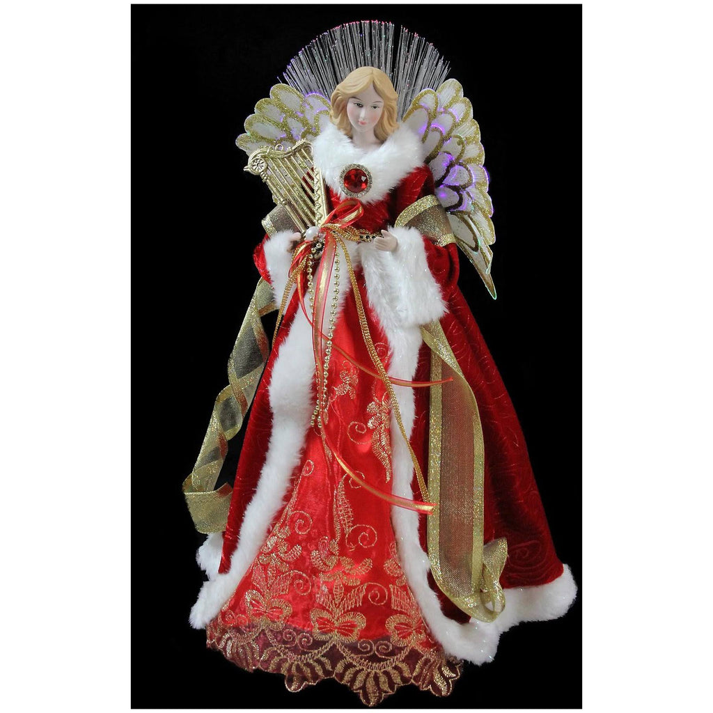 16x22 Lighted Fiber Optic Angel in Garnet Red Coat with Harp Christmas Tree Topper J953