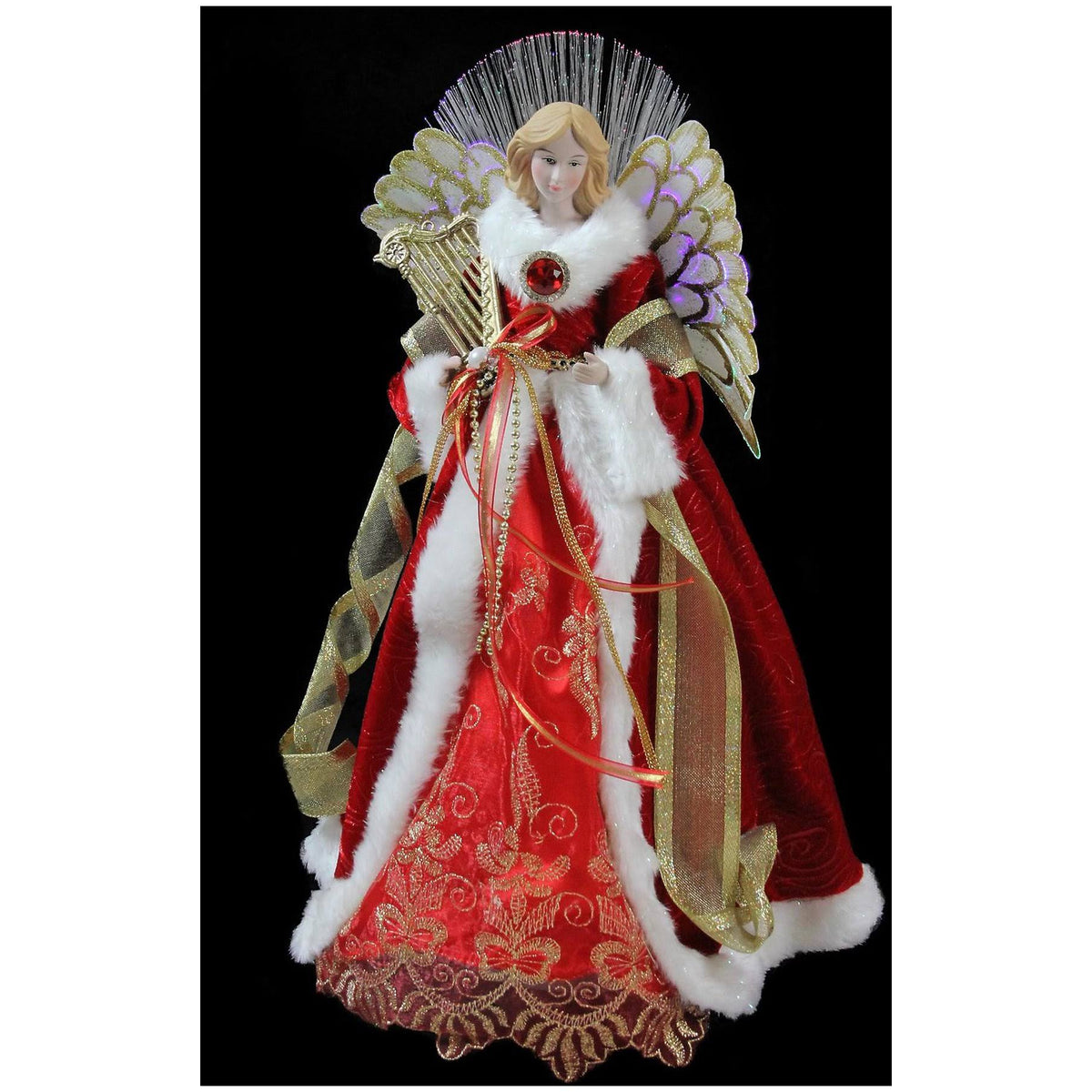 16x22 Lighted Fiber Optic Angel in Garnet Red Coat with Harp Christmas Tree Topper J953